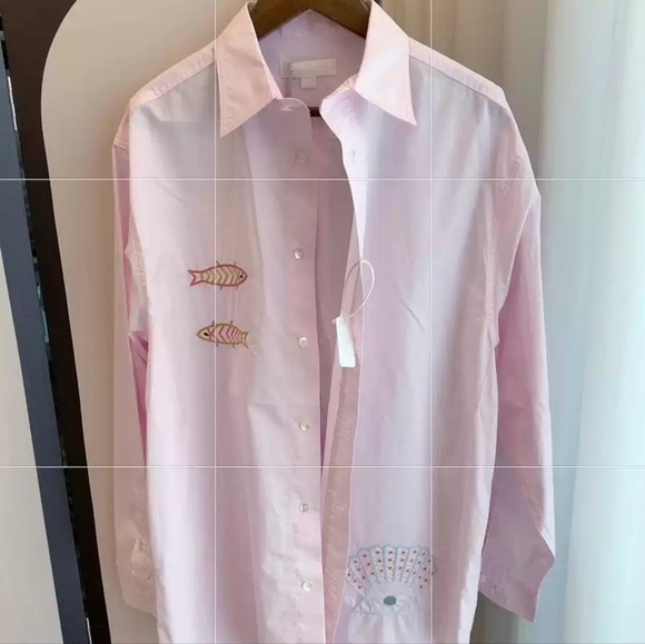None Tops - Pink Fish Embroidered Cotton Shirt